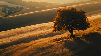 Wall Mural - Solitary Tree on Golden Hillside at Sunset, single tree, lone tree, golden hour, sunrise, hilly landscape