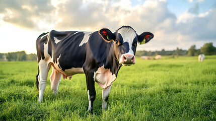 Wall Mural - Holstein Cow in a Lush Green Pasture, cattle, dairy cow, farm animal, livestock, agriculture