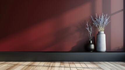 Wall Mural - A contemporary room with a dark maroon wall, light ash floors