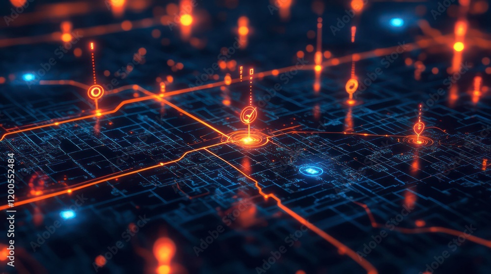 digital map with glowing neon pins, interconnected nodes, futuristic design, virtual navigation, technology concept, smart systems, data visualization.