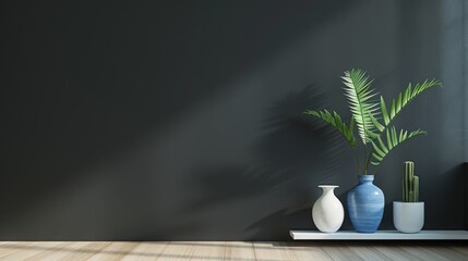 Wall Mural - A modern living room with a dark charcoal wall, light beech floors