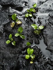 Leinwandbilder - Small green plants emerging through black oil in a contrasting natural landscape. Generative AI