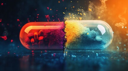 Aufkleber - Split capsule showcasing vibrant particles spilling out in a creative display of color and texture in a dark environment. Generative AI