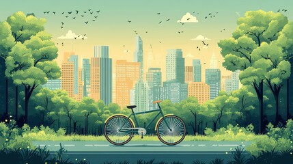 Poster - Bicycle parked on city park path, green trees, cityscape background.