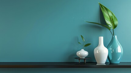 Wall Mural - A modern interior featuring a dark teal wall, light ash floors