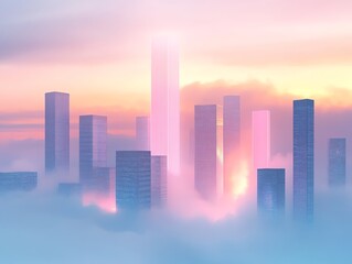 Wall Mural - Dreamlike Cityscape: Pastel Skyscrapers in a Misty Sunset