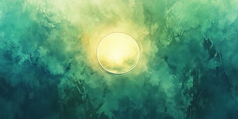 Sticker - Abstract Green Watercolor Painting with Central Yellow Circle