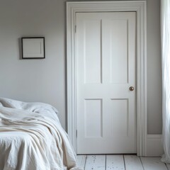 Wall Mural - a minimalist bedroom with a white wooden door, neutral tones, soft bedding, and natural light, exuding simplicity and tranquility.