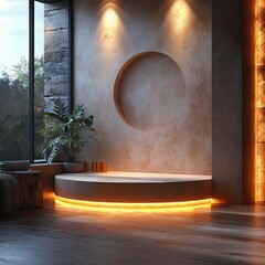 Poster - Elegant Minimalist Circular Pedestal Display Warm Earth Tones Spotlight Natural Beauty Scene
