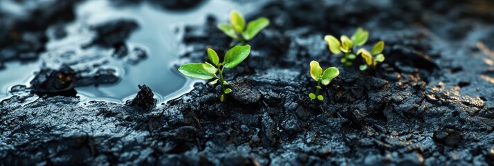 Leinwandbilder - Small green plants thrive amid spilled black oil in a contrasting natural environment. Generative AI