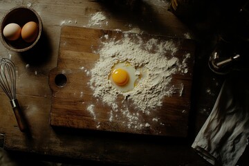 Aufkleber - Top view of a wooden board covered with flour and a cracked egg alongside fresh eggs and a whisk in a cozy kitchen. Generative AI