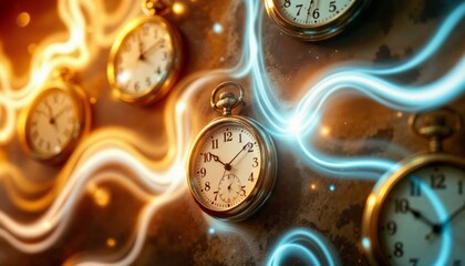Wall Mural - time concept. antique pocket watches with glowing magical trails, symbolizing the flow of time.
