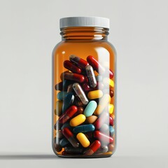 a glass jar filled with colorful pills and capsules, symbolizing healthcare, medicine, and pharmaceutical practices in a minimalist style.