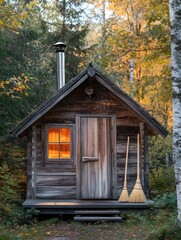 Poster - Traditional wooden sauna nestled among vibrant trees in autumn. Generative AI