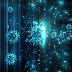 Fototapete - Strong glowing barrier effectively deflects harmful viruses in a high tech environment. Generative AI