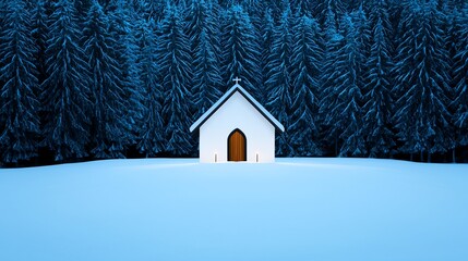 Wall Mural - A serene, snowy landscape featuring a small white house surrounded by tall, dark evergreen trees under a blue-toned sky.