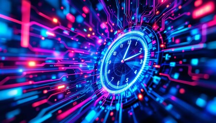 Futuristic neon clock with circuit board. Concept of time, technology, and innovation.