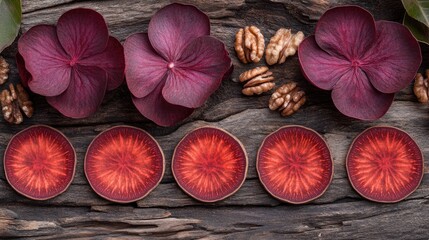 Poster - Red fruit slices, walnuts, flowers on wood; autumnal food, nature still life; blog, website, recipe