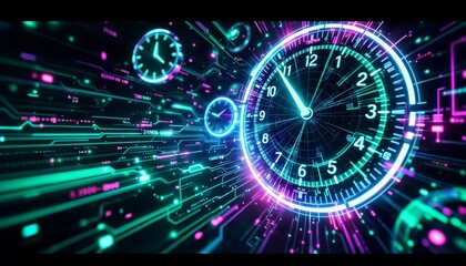 Wall Mural - futuristic neon clocks moving in cyberspace. concept of time, technology, and digital innovation.