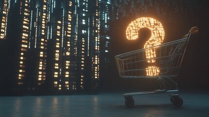 Glowing Question Mark in a Shopping Cart, Digital Background