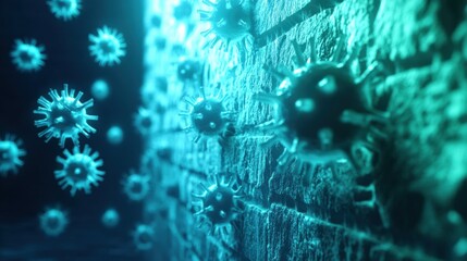 Fototapete - Strong glowing wall creates protective barrier deflecting harmful viruses in a vibrant, high tech environment. Generative AI