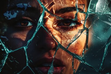Leinwandbilder - Shattered glass reveals fragmented parts of a persons face reflecting emotions and identity in a striking composition. Generative AI