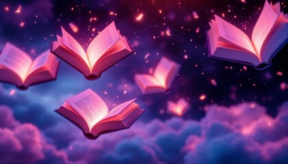Wall Mural - flying open books in the night sky. concept of imagination, education, and magic.