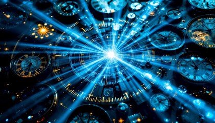 Wall Mural - time travel concept, futuristic tunnel with many clocks and abstract lights.