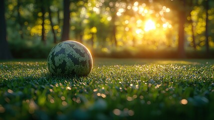 Sticker - Watermelon ball rests on lush green grass in a sunlit forest.