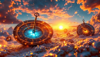 Wall Mural - surreal landscape with vintage clocks at sunset. concept of time, past, and future.