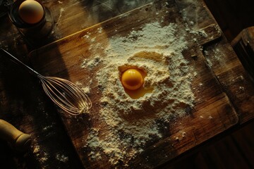 Aufkleber - Wooden board with flour and cracked egg ready for baking in a cozy kitchen setting during daylight hours. Generative AI