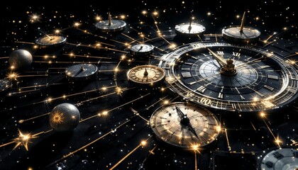 abstract time concept with multiple clocks and glowing connections, time travel, time management.