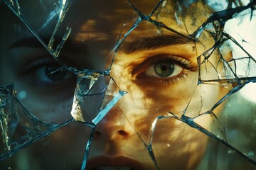 Leinwandbilder - Reflections of identity through shattered glass revealing a persons fragmented face. Generative AI