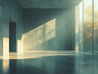 Minimalist Loft Interior with Large Windows Polished Concrete Walls and Natural Sunlight