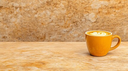 Wall Mural - Warm Yellow Coffee Cup with Latte Art on Rustic Background