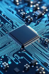 Wall Mural - circuit board with microchip and blue patterns