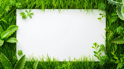 Aufkleber - Blank paper surrounded by lush green grass and plants creates a calming natural setting