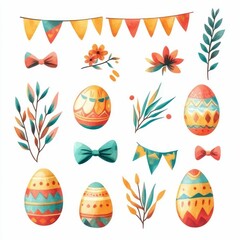 vibrant watercolor Easter stickers with bunnies, chicks, eggs, blue flowers, bow ties, colorful flags, and adorable playful festive charm.