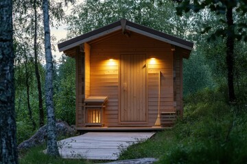 Poster - Relaxation and tranquility found in a traditional wooden sauna nestled among lush trees at dusk. Generative AI