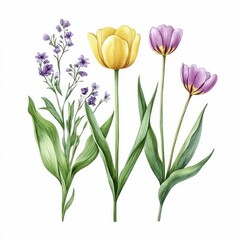 Wall Mural - vibrant tulips blooming with green leaves in full spring season nature close up floral garden color bright fresh