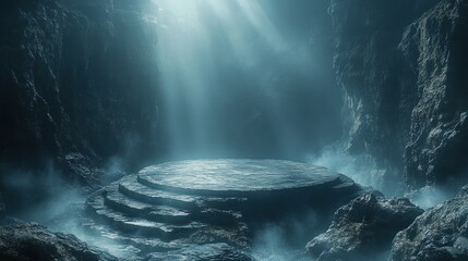 Fototapete - Stone Rock Platform Display Showcase Dramatic Lighting Geometric Design Background Minimalist Black Gray Studio