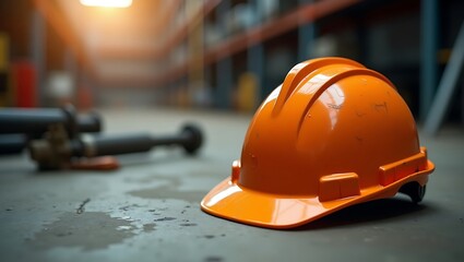 Orange Safety Helmet Resting on Factory Floor