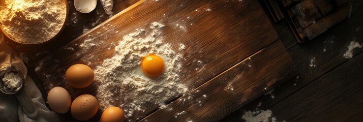 Poster - Wooden kitchen board with scattered flour and cracked egg ready for baking preparation. Generative AI