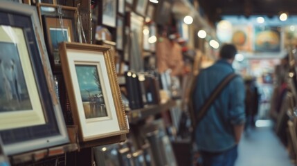 Indoor rummage sales with art frames and browsing buyer