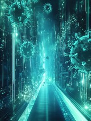 Fototapete - Strong glowing wall creates a protective barrier against viruses in a futuristic digital environment. Generative AI