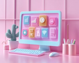 3D Computer Screen UI Elements Mobile Application Development Infographic Design with Bar Chart on Pink Background
