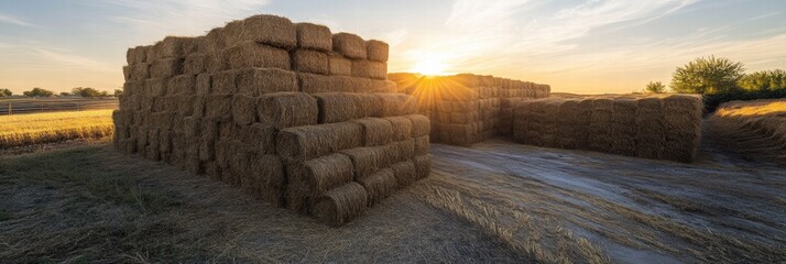 Aufkleber - Sunrise casts warm light over stacked hay bales in a rural field near a farm. Generative AI
