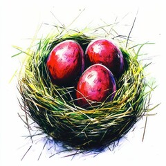 A charming watercolor illustration of Easter eggs nestled in a straw basket, symbolizing the festive celebration of the holiday with vibrant colors.