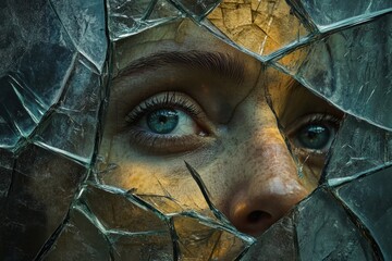 Poster - Shattered glass reflects a fragmented visage with vibrant hues and intricate details showcasing emotion and depth. Generative AI