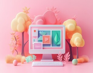 Web Development UI UX Design 3D Illustration with Computer Images and Soft Pastel Background